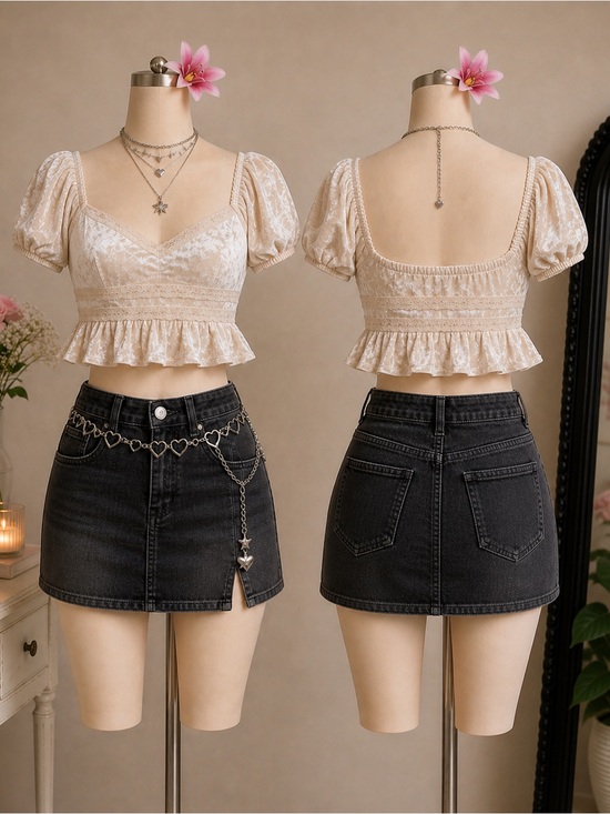 Forever 21 Tops - Forever 21 cream velvet peplum top puff sleeve romantic coquette blouse size M